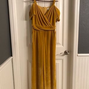 NY & Co Cold Shoulder Yellow Velvet Jumpsuit